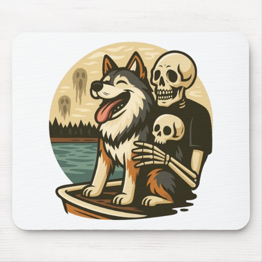 Tapis De Souris Skeleton with Dog on Haunted Lake Horror Art (Devant)