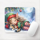 Tapis De Souris Sleeping Christmas Elf with Calico Kitten (Avec souris)