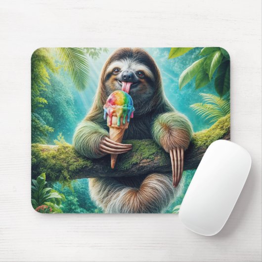 Tapis De Souris Sloth Licking a Rainbow Ice Cream Cone (Avec souris)
