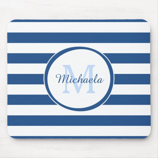 Tapis De Souris Snazzy Deep Blue Solid Stripes Nom et monogramme (Devant)