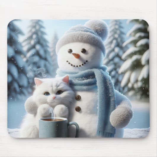 Tapis De Souris Snowman avec chat blanc (Devant)