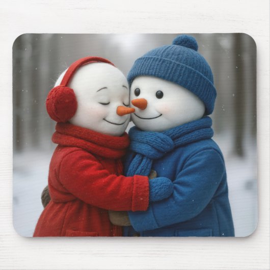 Tapis De Souris Snowman Couple Hugging in Winter Forest (Devant)