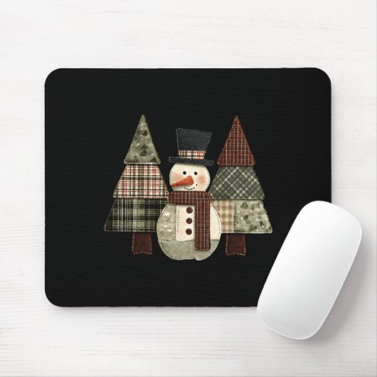 Tapis De Souris Snowman Trees Patchwork Plaid Trees Rustic Christm (Avec souris)
