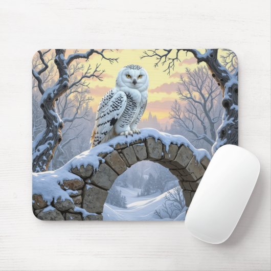Tapis De Souris Snowy Owl On a Stone Arch (Avec souris)