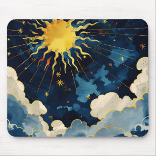 Tapis De Souris Soleil céleste moderne, étoiles et nuages bleus
