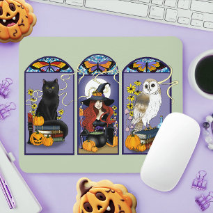 Tapis De Souris Sorcière gothique chat noir hibou Halloween Art no