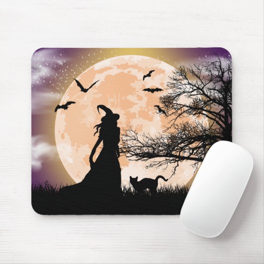 Tapis De Souris Sorcière mystique, Chat noir, Pleine lune (Avec souris)