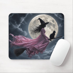 Tapis De Souris Sorcière portant une robe rose sur un balai