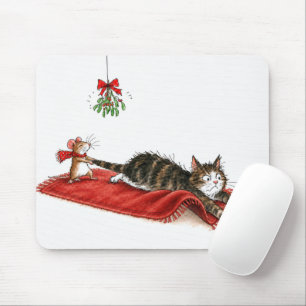 Tapis De Souris Souris de Noël traînant un chat sous un gui