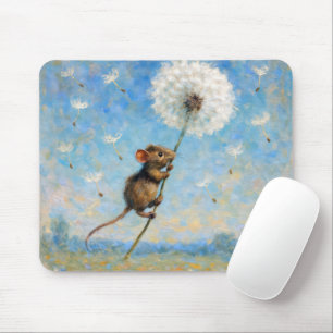 Tapis De Souris Souris flottant sur un Dandelion Fluffy