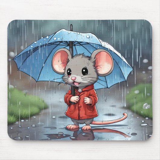 Tapis De Souris Souris Gris Avec Parapluie En Pluie (Devant)