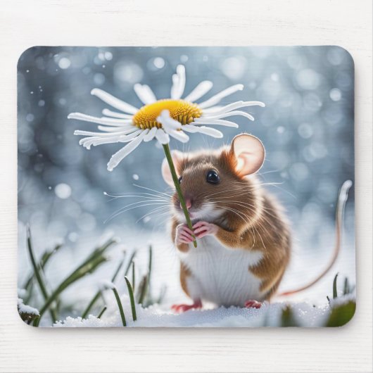 Tapis De Souris Souris sous une marguerite blanche en neige (Devant)