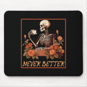 Tapis De Souris Squelette éffrayant Avec Café Et Fleurs Halloween