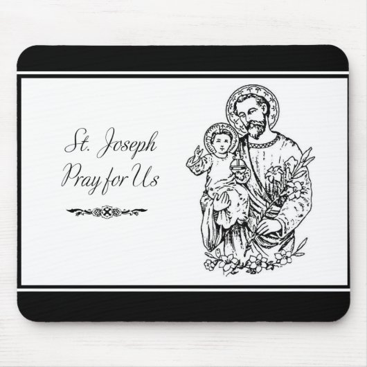 Tapis De Souris St Joseph Priez pour nous Noir, Blanc, Catholique (Devant)