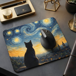 Tapis De Souris Starry Night Overlook Black Cat & Twinkling Town 