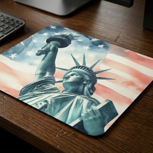 Tapis De Souris Statue de la Liberté à l'aquarelle avec drapeau am