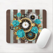 Tapis De Souris Steampunk Clock and Turquoise Roses on Striped (Avec souris)