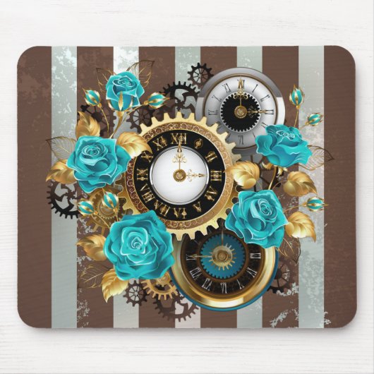 Tapis De Souris Steampunk Clock and Turquoise Roses on Striped