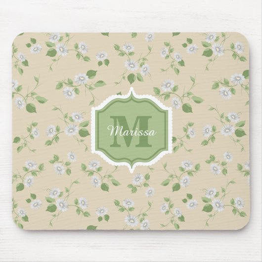 Tapis De Souris Style chalet Floral Blanc Faisées Crème Monogramme (Devant)