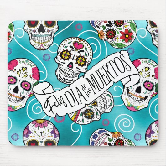 Tapis De Souris Sugar Skulls and Swirls Rose Turquoise ID725 (Devant)