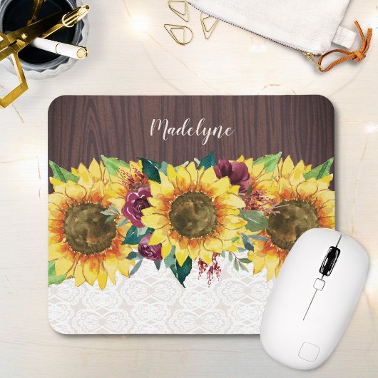 Tapis De Souris Sunflower Floral Rustic Nom personnalisé
