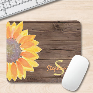 Tapis De Souris Sunflower Rustic Wood Nom du monogramme