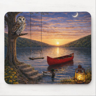 Tapis De Souris Sunset Lake Owl Canoe Mouse Pad