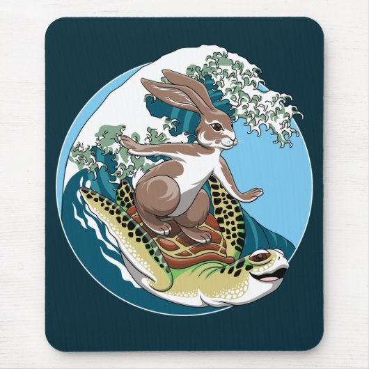 Tapis De Souris Surf d'été - Illustration de tortue et lapin (Devant)