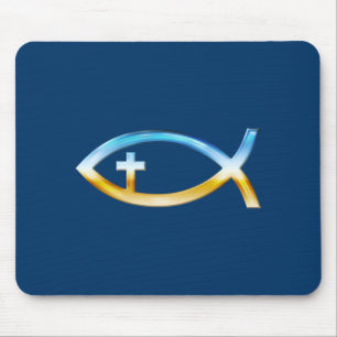Tapis De Souris Symbole de poisson chrétien avec Crucifix - Ciel