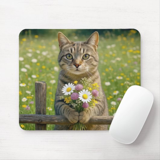 Tapis De Souris Tabby Chat Avec Bouquet Fleur sauvage (Avec souris)