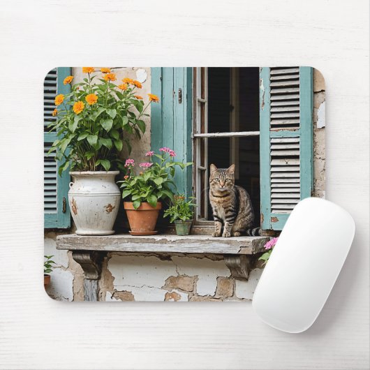 Tapis De Souris Tabby Chat Sur Ancienne Porte-Fenêtre (Avec souris)