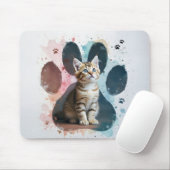 Tapis De Souris Tabby Kitten dans un Empreinte de patte aquarelle (Avec souris)