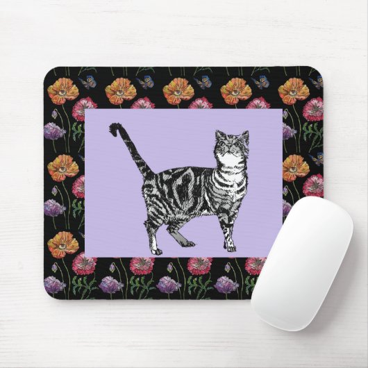 Tapis De Souris Tabby Violet Chat motif floral souris Mat floral (Avec souris)