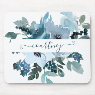 Tapis De Souris Teal and blue watercolor floral personalized 