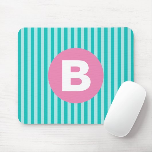 Tapis De Souris Teal Blue Vertical Striped Pink Circle Monogram (Avec souris)