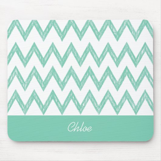 Tapis De Souris Tendance Crayon Vert Chevron Zigzags Avec Nom (Devant)