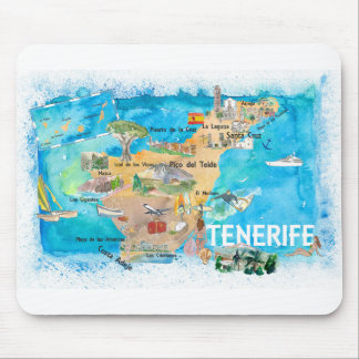Tapis De Souris Tenerife Canarias Spain Illustrated Map with Landm