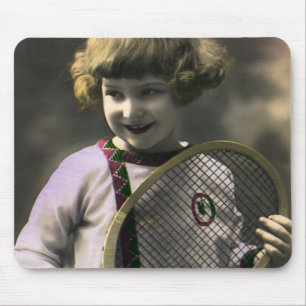 Tapis De Souris Tennis Sportif Vintage, Fille Heureuse avec Raquet