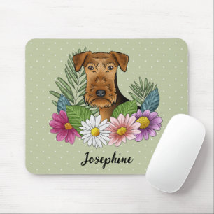 Tapis De Souris Terrier Airedale avec des fleurs colorées et nom