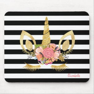 Tapis De Souris Tête de licorne dorée, rayures noires et blanches