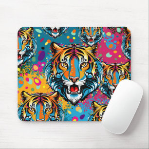 Tapis De Souris Tête de tigre couleurs arc-en-ciel peinture taches