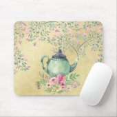Tapis De Souris Théière d'aquarelle et or élégants de fleurs (Avec souris)