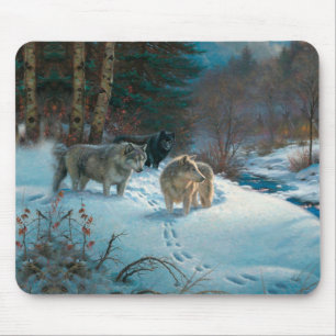 Tapis De Souris three wolves in the Winter Forest