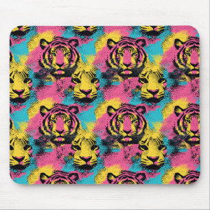 Tapis De Souris Tiger Pop Art Motif en rose, jaune et bleu