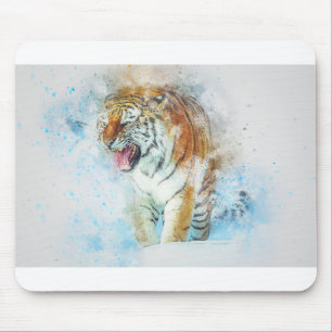 Tapis De Souris Tiger Roar Animal Art Abstrait Aquarelle Vintage.