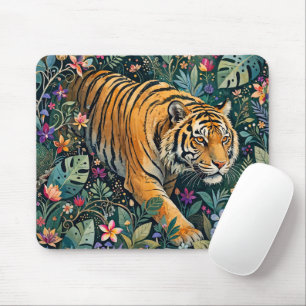 Tapis De Souris Tigre aux yeux ambre, feuillage de jungle fantaisi