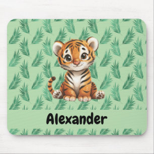 Tapis De Souris Tigre de dessin mignon sur Feuilles tropicaux