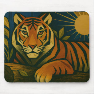 Tapis De Souris Tigre stylisé dans le cadre ornemental Sunburst