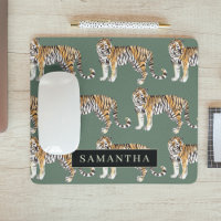 Tigres d'aquarelle verte tropicale Motif avec nom
