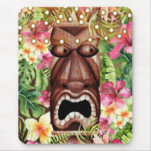 Tapis De Souris Tiki Hawaïen en Bois Fête Florale d'été d'Ile